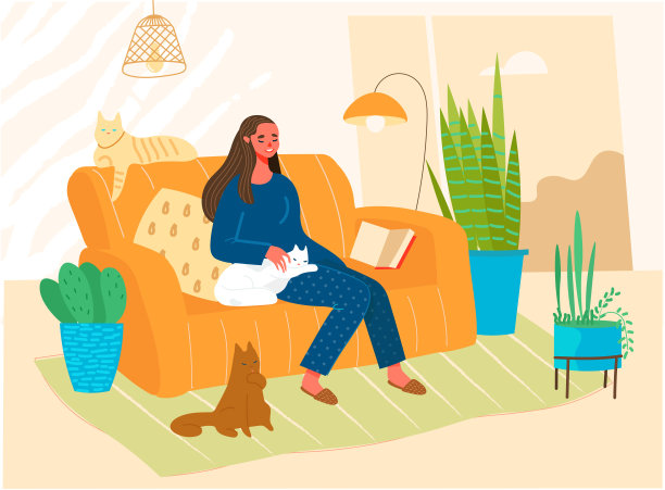 一个女人和她的猫坐在沙发上。女孩和她的家畜在一起。平面卡通矢量插图。素材图片