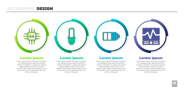 处理器设置微电路CPU, LED灯泡，电池充电电平指示器和电气测量仪器。业务信息模板。向量图片下载