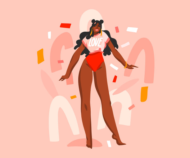 手绘矢量抽象股票图形插图与年轻快乐的黑人美国美人在泳衣孤立在颜色拼贴形状的背景图片下载