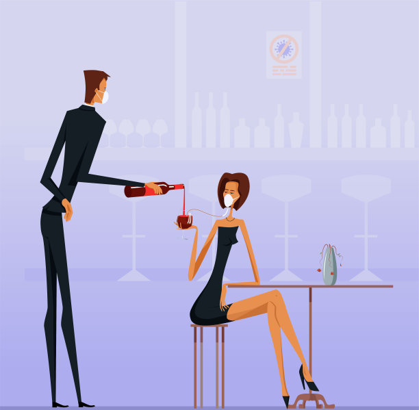 一个穿着黑衣服戴着防护面具的漂亮女人在酒吧里用吸管喝葡萄酒图片下载