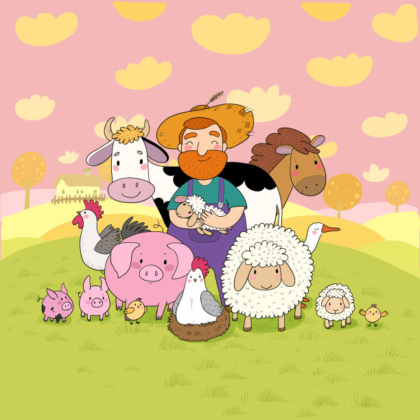 可爱的卡通农民和动物。乡下人和牛，马和羊，鸡和鹅，猪和公鸡。图片下载