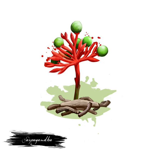 Sarpagandha Rauwolfia serpentina阿育吠陀草药数字艺术插图与文字孤立在白色。健康的有机温泉植物用于治疗，为制备药物的自然保健图片下载