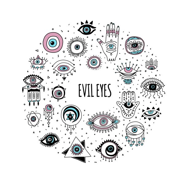 框架与邪恶的眼睛和法蒂玛的手卡通矢量插图孤立。图片下载