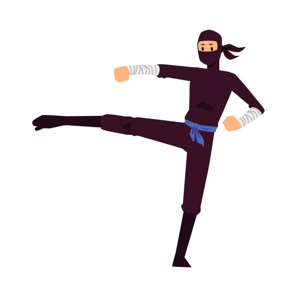 忍者格斗或空手道踢腿动作，扁平矢量插画图片下载
