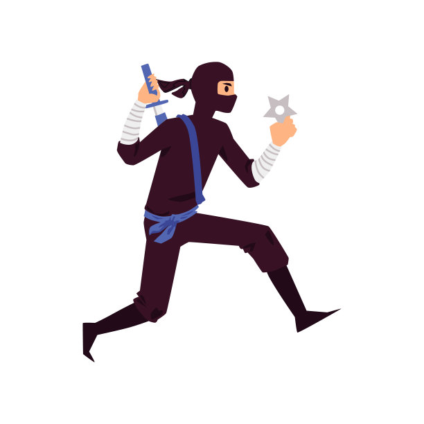 忍者角色与剑和飞镖平面矢量插图孤立。图片下载