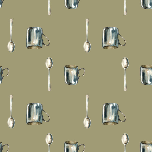 手绘水彩杯和勺子图案。图片下载