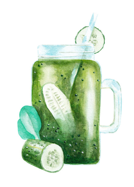 黄瓜和菠菜摇在一个梅森罐装饰饮用稻草手绘插图与剪切路径图片下载