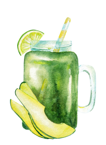 夏天牛油果奶昔在一个梅森坛子装饰石灰和饮用稻草手绘插图与剪报路径素材图片