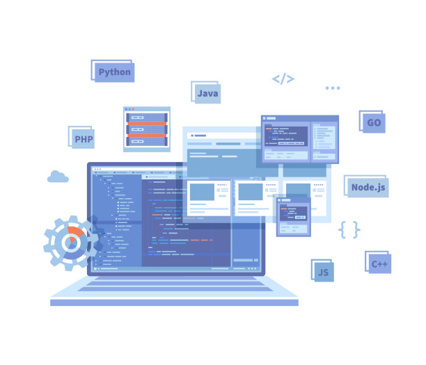 后端开发，编码，软件工程，编程语言。笔记本电脑屏幕上的程序代码，网站模板。技术的概念。矢量插图上的白色背景图片下载