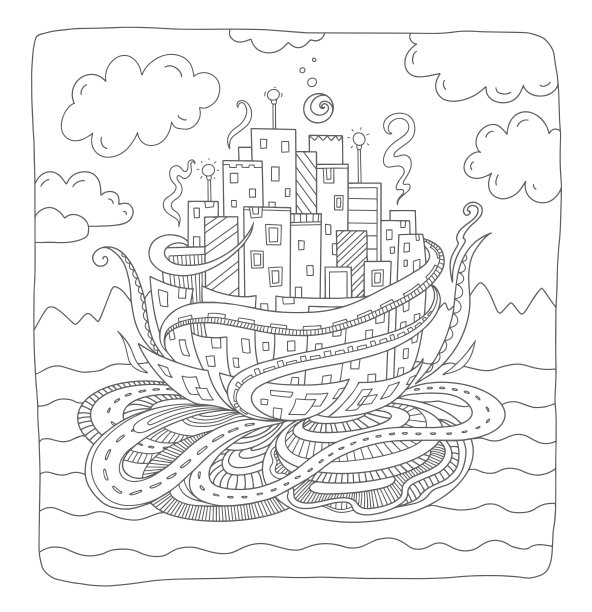 童话镇。幻想城市概念成人涂色书。矢量轮廓插图与涂鸦和涂鸦元素。手绘的、程式化的涂鸦构图。图片下载