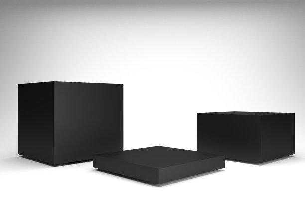 三层黑色空白展示平台盒子站在白色背景空白产品展示架3D渲染素材图片