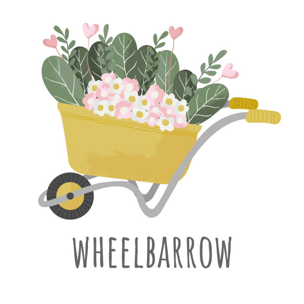 手推车黄色花园矢量工具设备侧视图与芽花和植物。平板图标的手推车与植物在卡通风格与纹理。图片下载