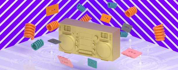 紫色背景下，金色的收音机在五彩缤纷的春天中。图片下载