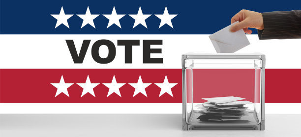 为美国大选投票。用手把信封插入投票箱插槽。三维演示图片下载