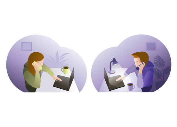 一男一女坐在办公桌前使用联网和手机的笔记本电脑工作。的一组字符。全球外包。人们在远程工作和数据存储。向量图片下载