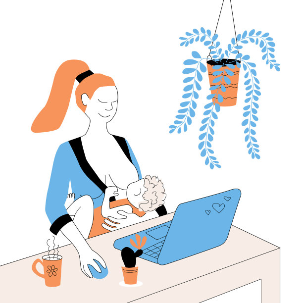 自由妈妈一边给新生儿喂奶，一边用笔记本电脑工作。职业母亲的概念。一位怀抱孩子的妇女在浏览社交媒体。图片下载