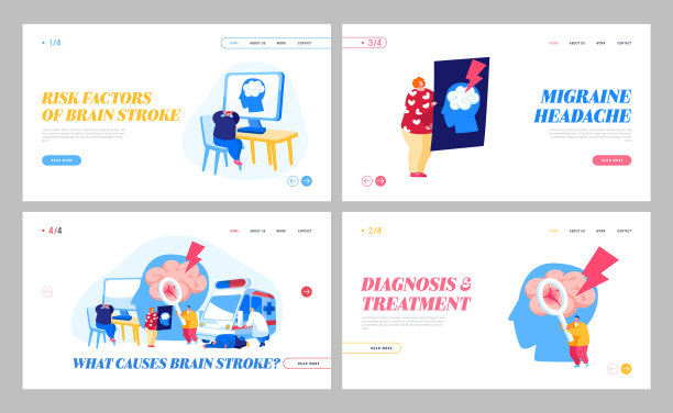 脑卒中登陆页面模板集。救护车住院病人到门诊特点，医生了解人脑血管破裂出血。卒中头部疼痛。卡通人物矢量插图图片下载