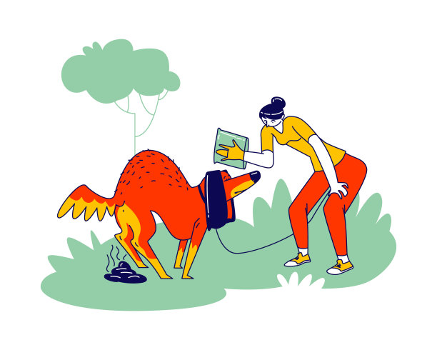 狗在公园里拉屎，女主人手拿塑料袋准备清除公园或家院子里的宠物粪便。线性向量插图图片下载