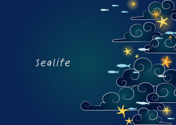 海星在夜晚的天空和鱼群与云向量边界装饰的暑假。图片下载