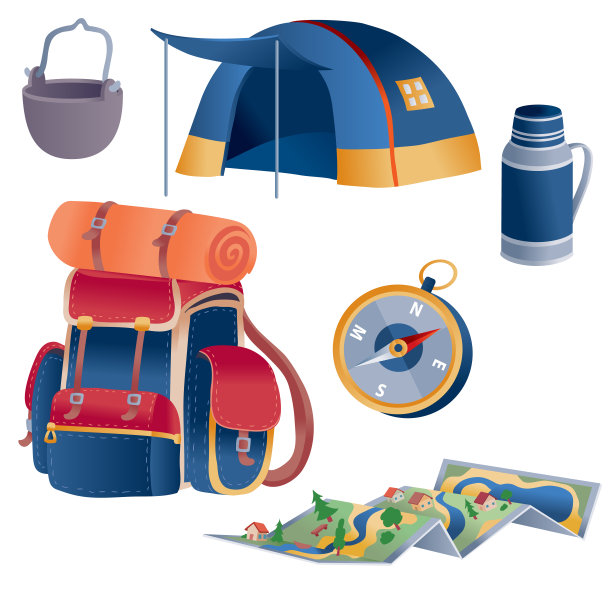 一套用于徒步旅行的物品，白色背景上的孤立物体，图片下载
