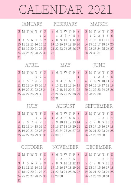 2021年日历计划。公司一周。模板布局，每年12个月，白色和粉红色的背景。简单设计的商业小册子，传单，印刷媒体，广告。一周从星期天开始。图片下载