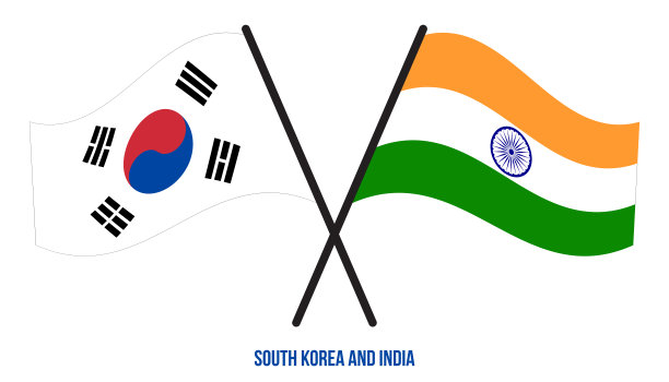 韩国和印度国旗交叉和挥舞的平风格。官方的比例。正确的颜色图片下载
