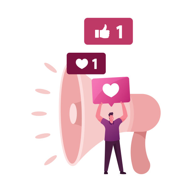 公共关系，品牌意识和事务。传播公关代理市场推广与巨大的扩音器。警示广告、宣传演讲、社交媒体推广。卡通矢量图图片下载