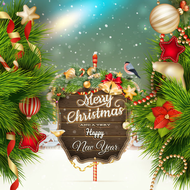 木制横幅与圣诞冷杉树枝。图片下载
