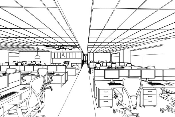 室内轮廓草图透视的一个空间办公室图片下载