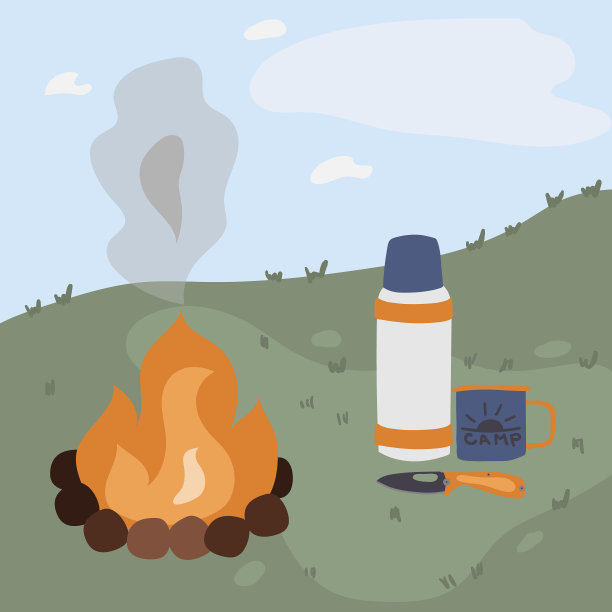 在火灾附近野餐。露营杯、保温瓶、刀等组成的旅游物品。露营和徒步旅行的概念。平面向量插图图片下载