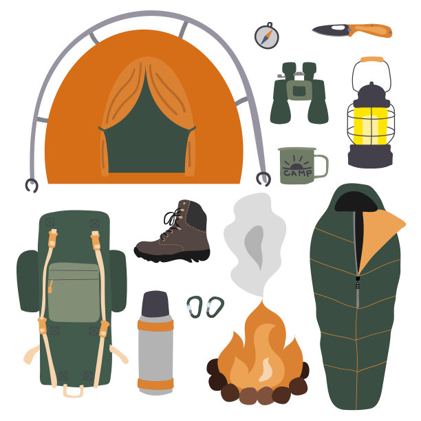 一套手绘露营和徒步旅行元素孤立的白色背景。森林和登山图标设置。平面向量集合图片下载