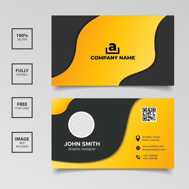 梯度黑橙色波浪名片模板素材图片