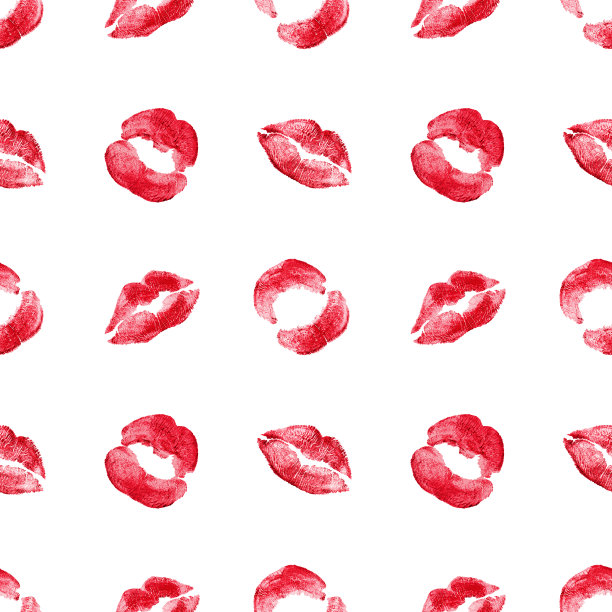 无缝图案的红色口红吻印在白色的背景孤立，性感的粉色唇妆标记重复点缀，女性吻墙纸，美丽的化妆背景，时尚旗帜，爱情设计图片下载