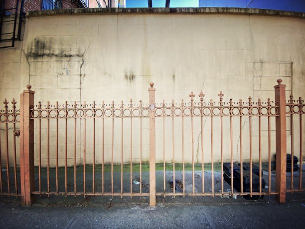 砖墙前的尖刺篱笆图片下载