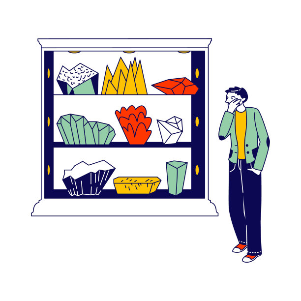 顾客性格站在货架前，有各种矿物，岩石和晶体的购买思维。参观矿物展览、矿物学、地质学展览或博物馆。线性向量插图图片下载