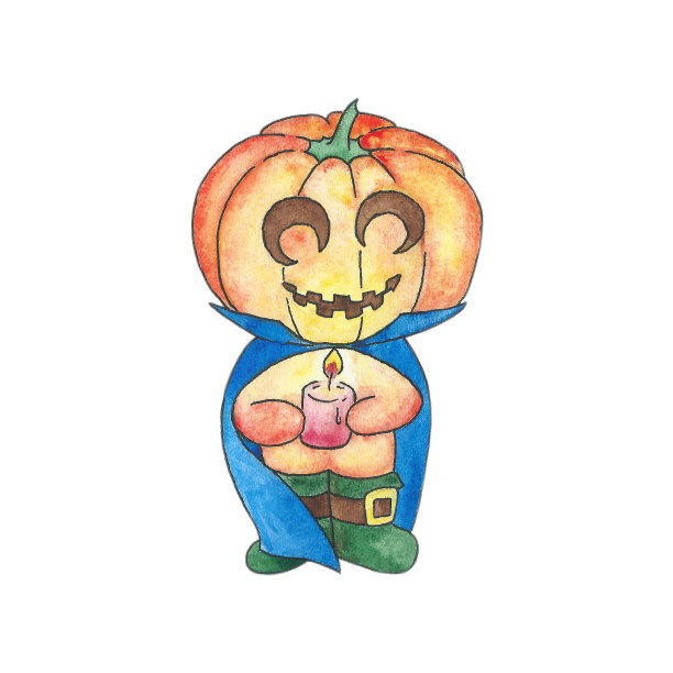 好角色穿着万圣节服装，头上戴着南瓜。贺卡的水彩插图。图片下载