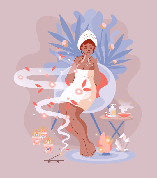 居家自理理念。妇女有吸入香薰治疗程序自己。有机精油自我按摩。呼吸健康的伟大健康-现代矢量插图图片下载