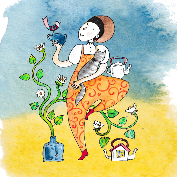 水彩画的一个女孩和一只猫，他们喝茶和跳舞图片下载