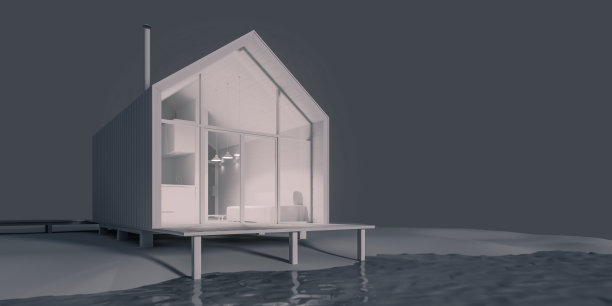 该项目是斯堪的纳维亚生态友好的北方风格的现代小屋，湖上的高屋顶采用白色材料，带有日光，3D插图3D渲染。股票插图图片下载