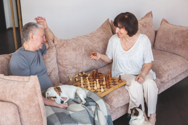 一对老夫妇在家里下棋图片下载