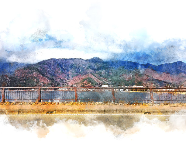 摘要以日本色彩丰富的山脉和湖泊为背景的水彩插画。图片下载