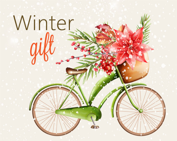 绿色的经典自行车，满篮子的鲜花和图片下载