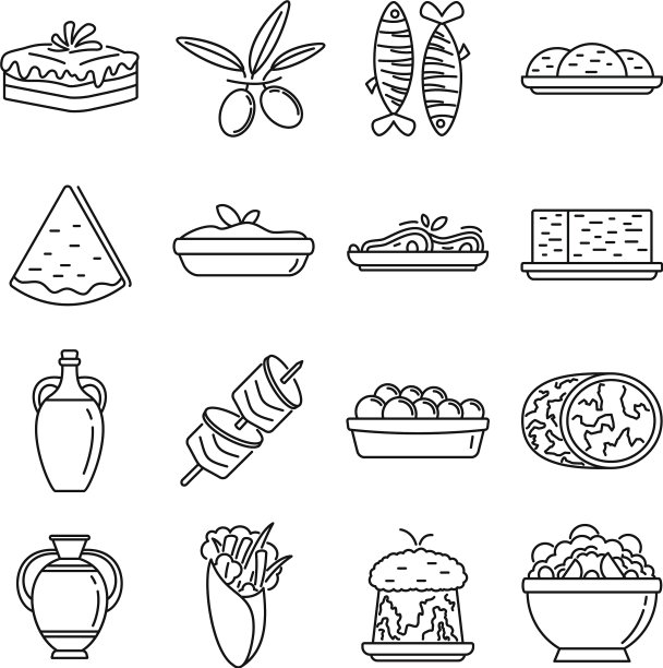 希腊美食图标设置轮廓风格图片下载