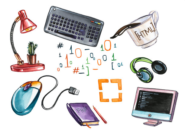 办公室工作属性手绘水彩插图集图片下载