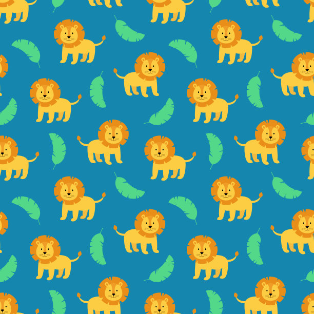 热带可爱无缝图案与野生动物狮子和棕榈叶。图片下载
