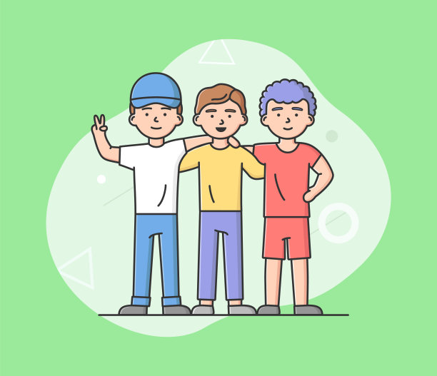 友谊的概念，回到学校。国际友谊，多元人群的团结。时尚男孩朋友站着拥抱。卡通线性轮廓扁平风格。矢量图图片下载