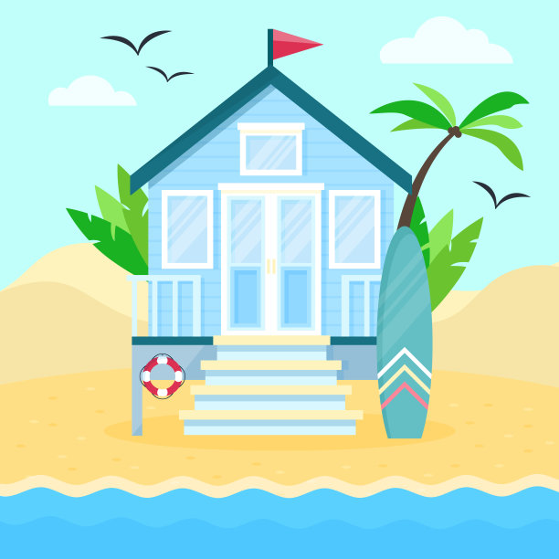 在海边景观上的海滩小屋的平坦矢量热带插图。在热带植物和棕榈树环绕的冲浪屋中度过暑假的概念。海滩小屋，桨或冲浪板图片下载