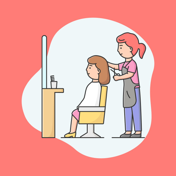 理发师或理发店的概念。女发型师手拿剪刀在理发店为顾客理发，做漂亮的发型。卡通线性轮廓扁平风格。矢量图图片下载