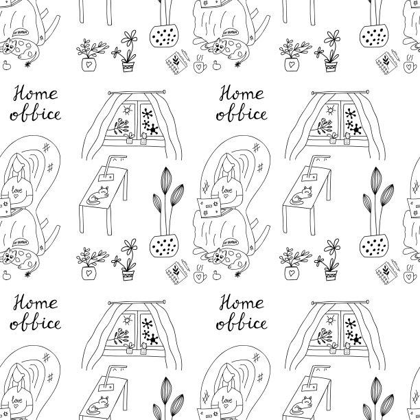 绝缘主题上无缝图案。内政部刻字。坐在扶手椅上用笔记本电脑工作的女孩。肥猫躺在她的脚边。窗户里有阳光和细菌。矢量插图。图片下载