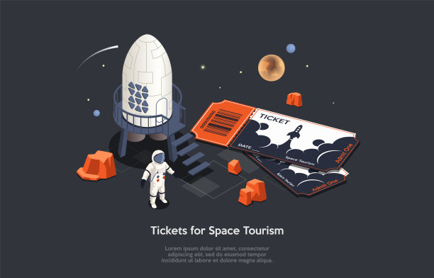 空间旅游的等距三维概念。宇航员游客与大票靠近太空飞船准备旅行。人的星际运输和假期旅行。卡通矢量图图片下载